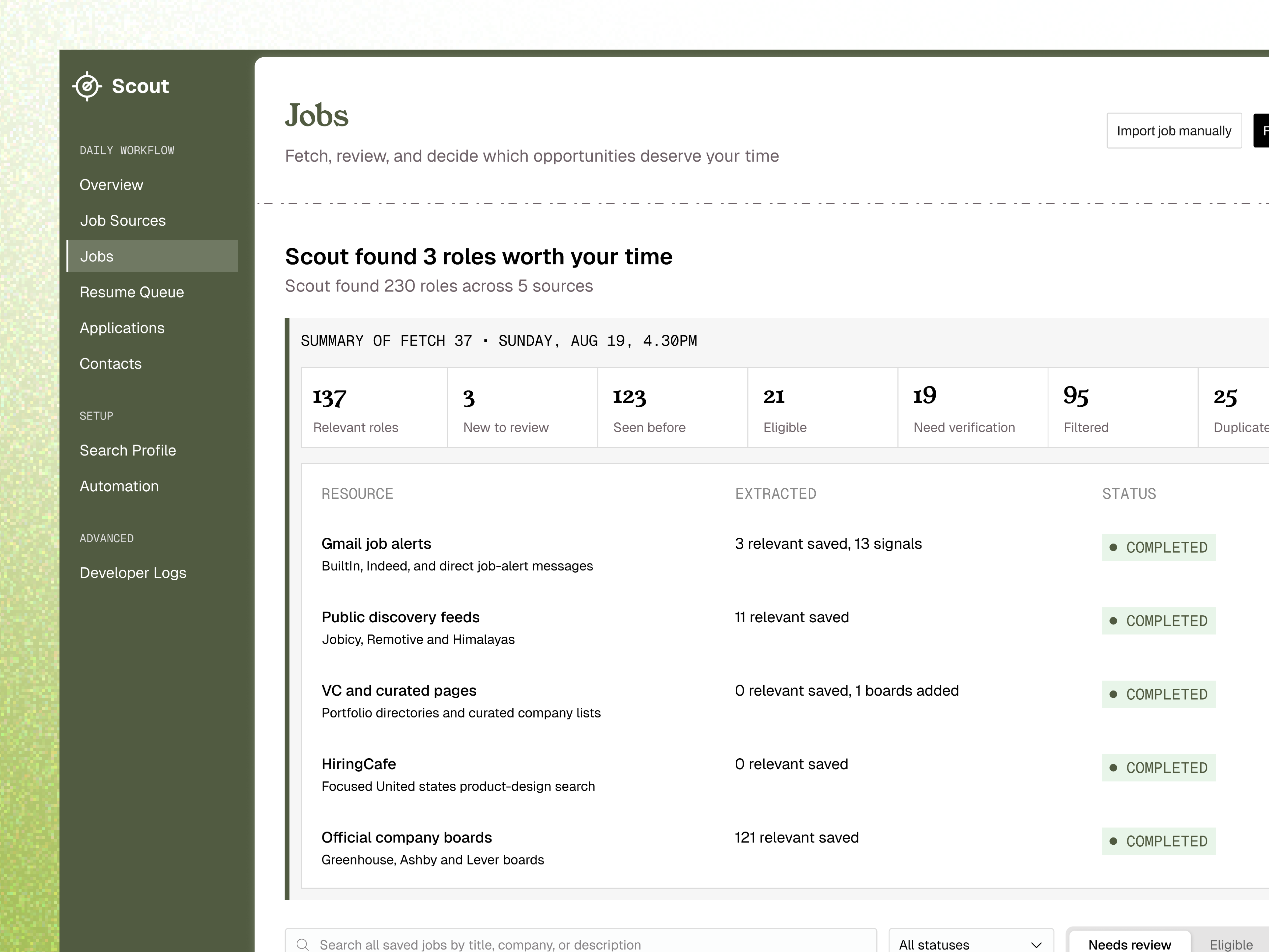 Scout job-search copilot summarizing roles fetched from multiple sources