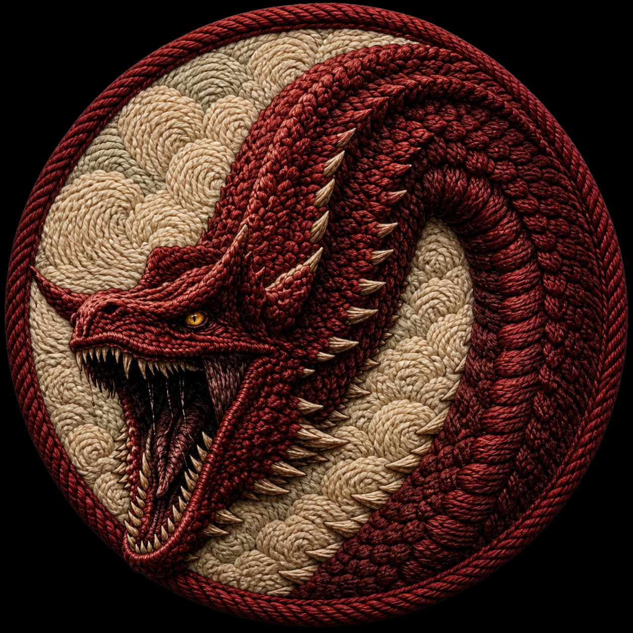 Caraxes rendered as a circular high-relief embroidered dragon badge